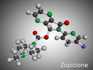 Zopiclone molecule. It is nonbenzodiazepine hypnotic, used to treat difficulty sleeping. Molecular model. 3D rendering