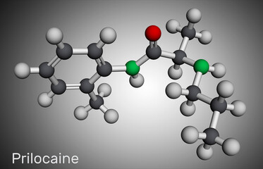 Prilocaine molecule. It is local anesthetic, used in dental procedures. Molecular model. 3D rendering