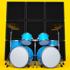 Set of realistic drums with metal cymbals or drumset and amplifier on yellow