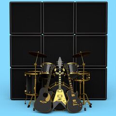 Set of realistic drums with metal cymbals, amplifier and acoustic guitars