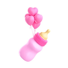 Pink baby bottle milk with balloon on white isolated background. 3d rendering