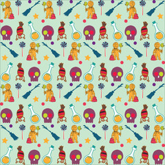 Halloween orange festive seamless pattern. Endless background with pumpkins, skulls, bats, spiders, ghosts, bones, candies, spider web and speech bubble with boo
