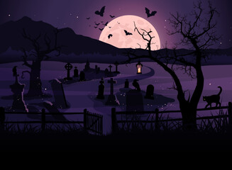 Halloween cemetery night background, banner for greeting card. Moon, bats, scary tree, black cat, crow, tombstones and graves