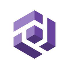 Letter D 3D logo. Letters D, T, P in a 3D cube. Number 6 in an isometric box. Lilac violet colors. Hexagon shape. Stylized stripes make modern monogram. Linear initials. Vector illustration, clip art.