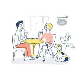 カフェでくつろぐカップルと犬