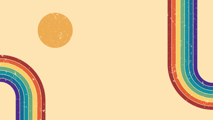 Vector illustration. Abstract color background. Contemporary modern art style. Colorful rainbow. Grunge scratched texture. Panoramic wallpaper. Clear sky with sun. Geometric lines. 50s, 70s graphic