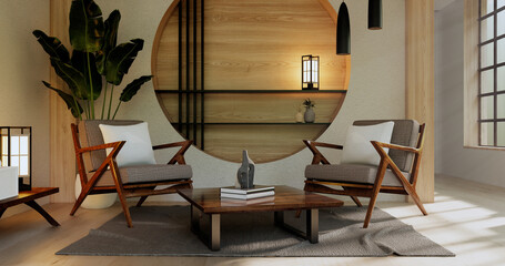 Fototapeta na wymiar The Wooden interior design,zen modern living room Japanese style.3D rendering