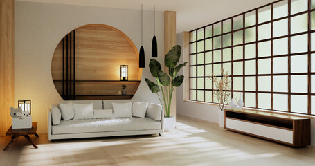 White Sofa japanese on room japan tropical desing and tatami mat floor.3D rendering