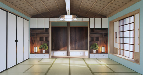 Mint Empty large hall, Asia interior cleaning room zen style. 3D rendering