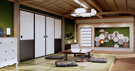 Obraz premium Zen room interior wooden wall on tatami mat floor, low table and armchair.3D rendering