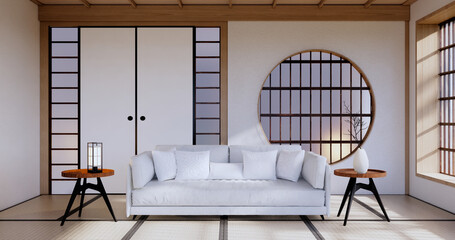 Zen room interior wooden wall on tatami mat floor, low table and armchair.3D rendering