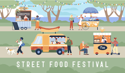 Street food festival, people walking in park and eating hot dogs and ice cream
