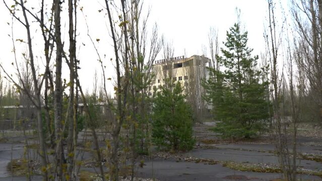 Abandoned multi-storey building in the city of Pripyat. Abandoned ghost town Pripyat in spring. Chernobyl exclusion zone. Ukraine
