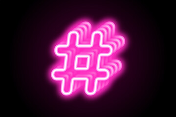Glowing neon pink 3d hashtag symbol logo icon on black background 