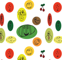 Funny fruit party in doodle style. Seamless pattern.
