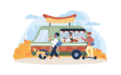 Bus with hot dogs, street market flat style, vector illustration