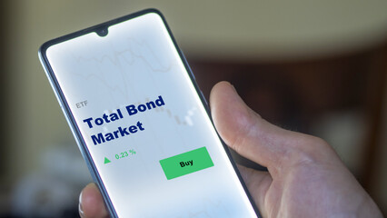 An investor's analyzing the total bond market etf fund on screen. A phone shows the ETF's prices bonds to invest