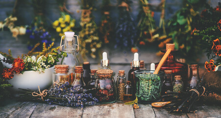 Fototapeta na wymiar Medicinal herbs and tinctures homeopathy. Selective focus.