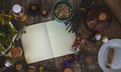 Medicinal herbs and tinctures homeopathy. Selective focus.