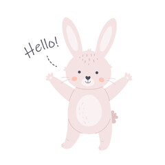 Cute white bunny saying Hello. Greeting card. Cute animals. Hand drawn vector illustration