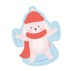 Cute white bunny in hat and scarf doing snow angel. Winter animals. Hello winter. Hand drawn vector illustration