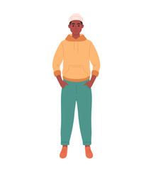Modern young black man in casual outfit. Stylish fashionable look. Hand drawn vector illustration