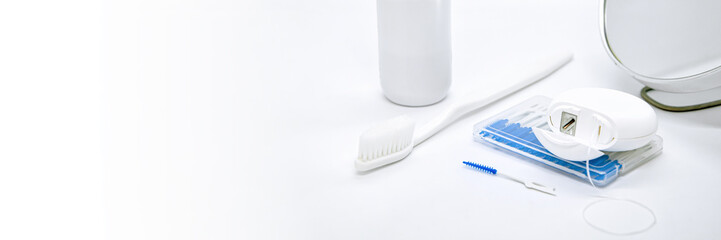 Oral Care: toothbrush, dental floss, brush for cleaning interdental spaces, mouthwash and cosmetic...