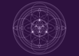 Sacred Geometry, Flower of Life, lotus flower mandala. Neon vintage logo Symbol of Harmony and Balance, Glowing Geometrical Ornament, yoga relax, vector isolated on purple background 