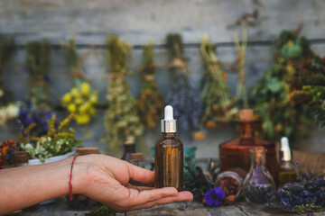 Fototapeta premium Medicinal herbs and tinctures homeopathy. Selective focus.