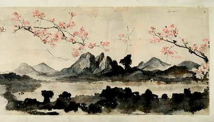 Gordijnen Spring landscape with sakura and mountains oriental art © Zaleman