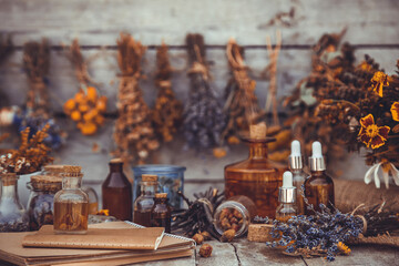 Obraz na płótnie Canvas Medicinal herbs and tinctures homeopathy. Selective focus.