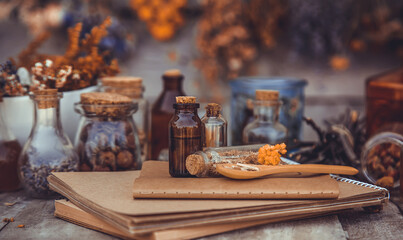 Medicinal herbs and tinctures homeopathy. Selective focus.