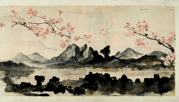 Spring landscape with sakura and mountains oriental art