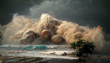 Mega tsunami rolling round rocks on tropical ocean beach - obrazy, fototapety, plakaty