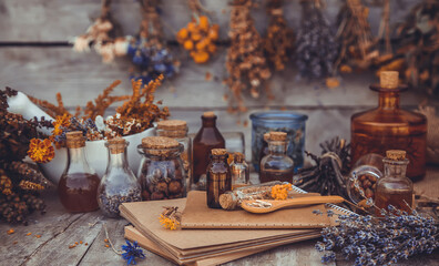 Medicinal herbs and tinctures homeopathy. Selective focus.