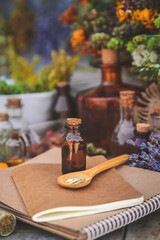 Medicinal herbs and tinctures homeopathy. Selective focus.