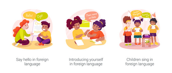 Fototapeta premium Bilingual immersion program in daycare isolated cartoon vector illustration set