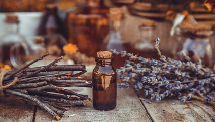 Medicinal herbs and tinctures homeopathy. Selective focus.