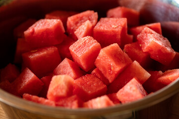 Pieces of red watermelon, full of vitamins, detail of this vegetable, red pieces without seeds, macro photography, sweet tasty melon
