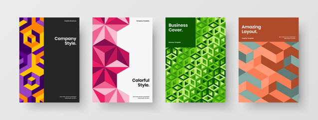 Fototapeta premium Bright cover design vector template collection. Premium mosaic hexagons company brochure illustration composition.