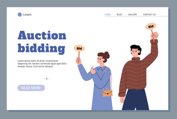 Auction bidding web banner or landing page mockup flat vector illustration.