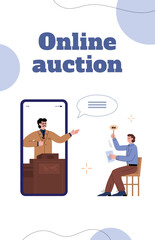 Online auction banner or poster template, flat cartoon vector illustration.