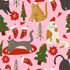 Seamless pattern with cats. Merry Christmas holiday print.