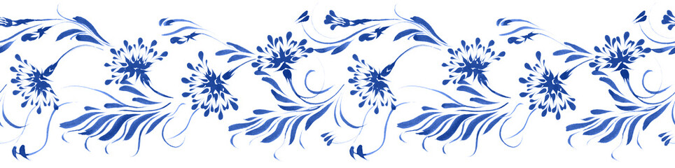 Ukrainian folk painting style Petrykivka. Floral watercolor seamless border pattern from blue flowers and leaves on a white background. Ethnic design