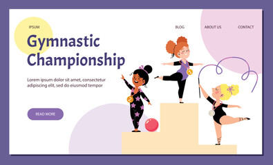 Winners rewarded with medals standing on podium after Girls Kids Gymnastic Championship.