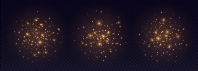 Golden sparkles, shiny particles light effect, bright glowing stars, cosmic starburst, fairy stardust isolated on black. Vector illustration.