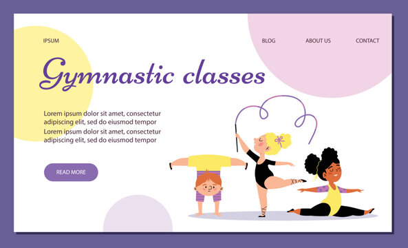 White ginger boy and Black and blonde girls at gymnastic class for kids. Split, handstand cartoon vector illustration.