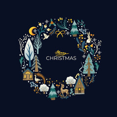 Christmas card with rustic animals, birds and trees. Wallpaper print © Yumeee