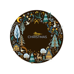 Christmas card with rustic animals, birds and trees. Wallpaper print