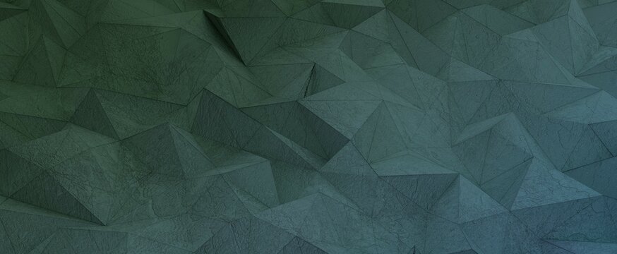 Light green crystals with stone relief tracery. Polygonal triangles with 3d render turquoise gradient and rough weathered tracery. Futuristic landscape of pyramids with geometric slices